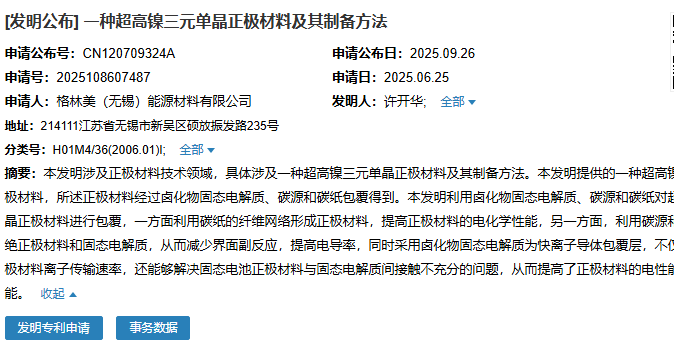 无锡格林美成功申请“一种超高镍三元单晶正极材料及其制备方法”专利